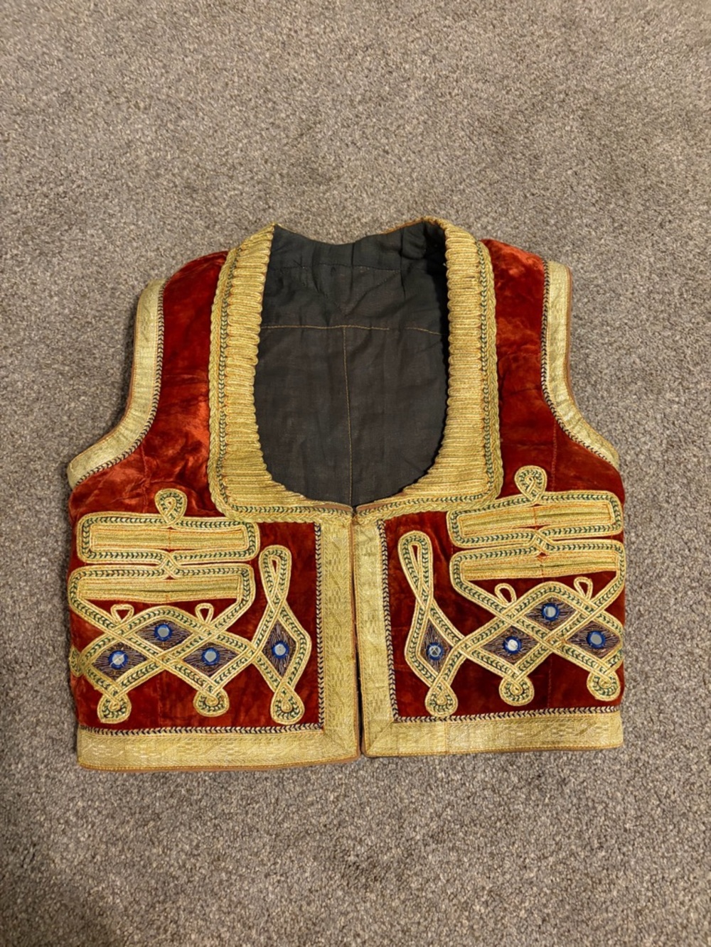Antique Turkish Embroidered Red Velvet Gold Trim Folkloric Vest